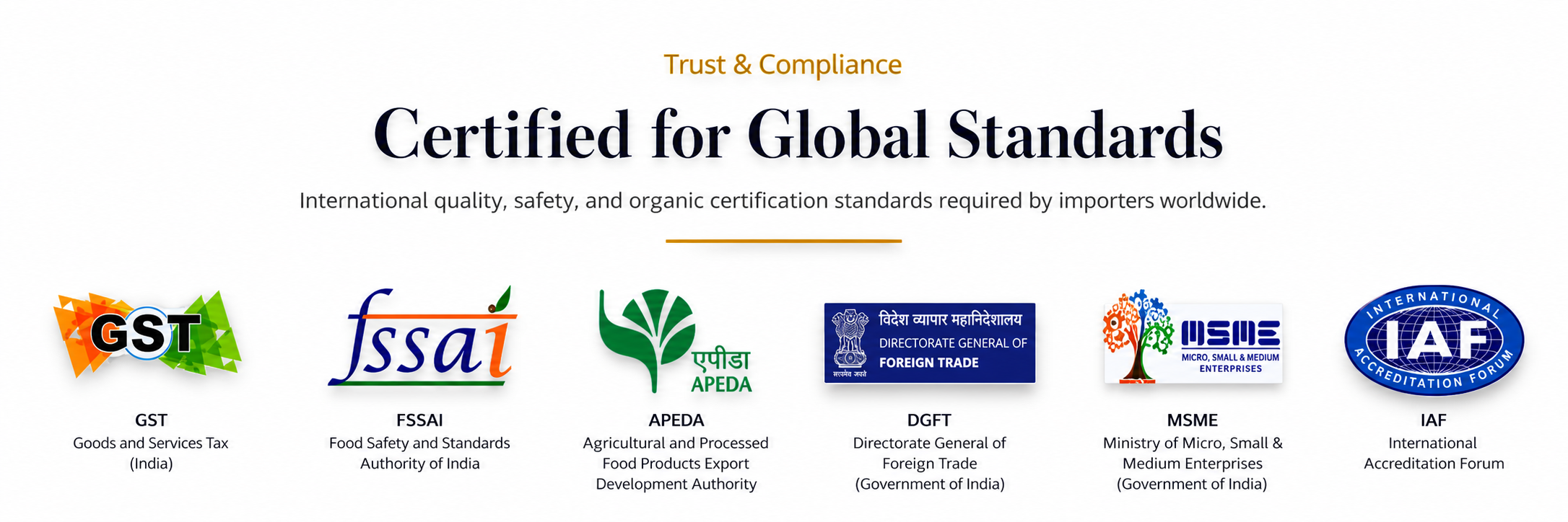 Trust and compliance certifications including GST, FSSAI, APEDA, DGFT, MSME, and IAF